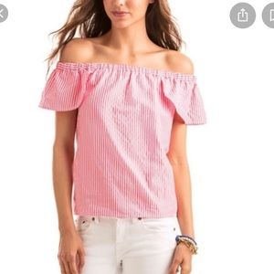 Medium pink and white striped off the shoulder vineyard vines shirt